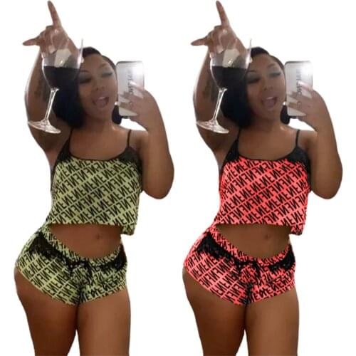 Echoine Summer letter Print Lace 2 Piece Set Women Stretchy Beach Suit Halter Sleeveless Short Pants Sexy Open Home Outfits