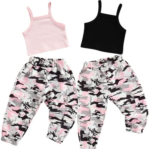 New Girls Casual Two-piece Clothes Set, Boat Neck Camisole and Camouflage Printed Pattern Pants, Black/ Pink