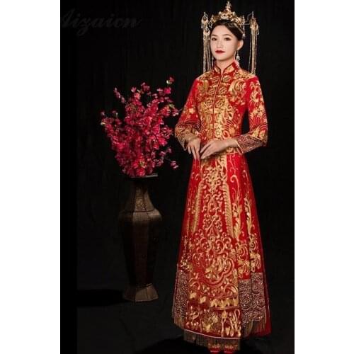 Chinese Traditional Dress Qipao Red Long Sleeve Cheongsam Embroidery Oriental Dresses Wedding Gowns Robe Orientale Vestido Chino