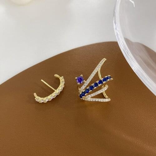 Vintage Gold Color Geometric Letter C Full Crystal Multi Circle Stud Earrings for Women Personality Cuffs Earring Korean Fashion