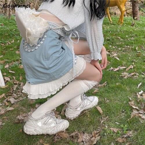 Skirts Women Japanese Sweet Girls Preppy Style Ruffles Hem High Waist All-match A-line Jupe Fashion Slim Patchwork Mesh Vintage