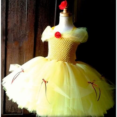Girls Yellow Princess Tutu Dress Kids Fluffy Crochet Tulle Dress Puff Ball Gown Cosplay Costumes Children Birthday Party Dresses