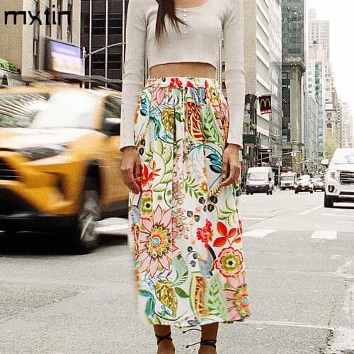 2021 Women Spring Sweet Floral Print Pleated Midi Skirt Vintage High Elastic Waist With Drawstring Female Party Skirts Mujer