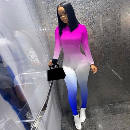 Gradient Print Women Jumpsuit Long Sleeve Sport Bodycon Bandage Skinny Jumpsuit Streetwear Spring Autumn Romper Outfits 2021 New