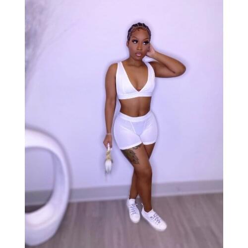 Casual Sportswear Solid Short Tracksuit Women Sexy Deep V Neck Crop Top + Biker Shorts Slim Two Piece Set Matching Set Jogger