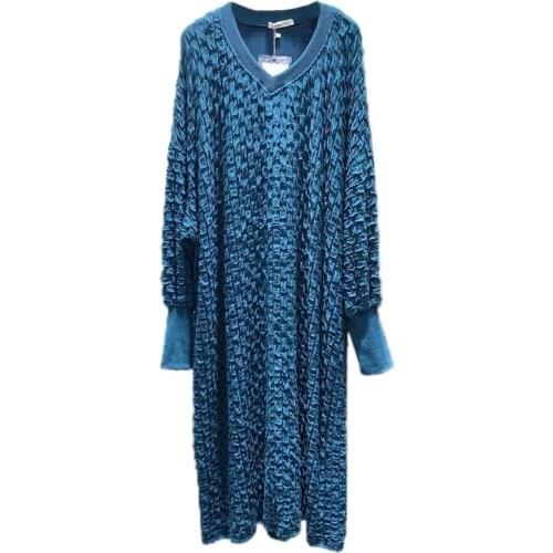2020 Spring Autumn New Korean V-neck Loose Long-sleeved Knitted Dress With Pleated Fabric Plus Size Over the knee Dress Women 16