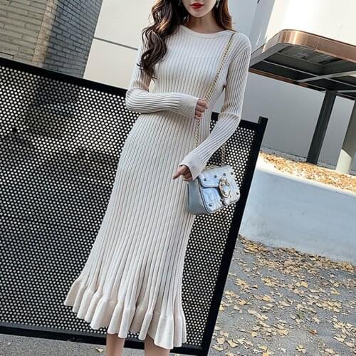 Fashion Ruffles Sweater Mermaid Dress Women 2021 Autumn Winter Long Sleeve Knitted Long Dress Plus Size Warm Dresses vestidos