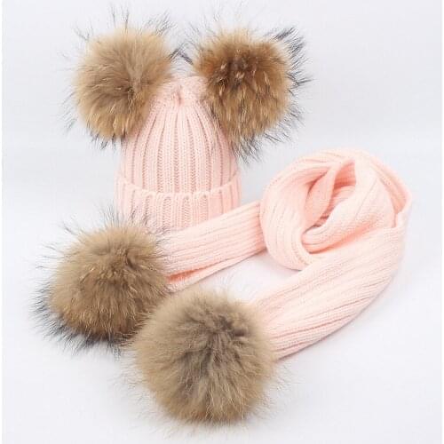 Boys Girls Winter Crochet Cap Skullies Real Fur Pompom Hat Set for Kids Thick Knitted Beanie Children Warm Hat and Scarf Set