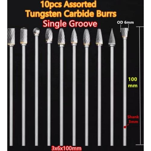 10pcs assorted 3x6x100mm extend long tungsten carbide grinding point burr for dremel grinder die grinder