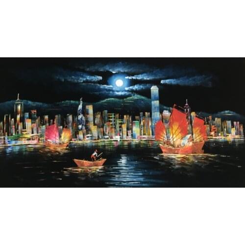 100%Hand Painted Oil Painting on Flannelette Abstract Hong Kong Victoria Harbour Canvas Painting Wall Art Picture for Home Decor