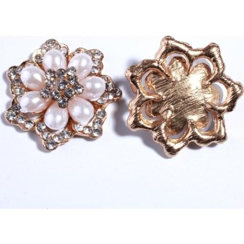 5PCS 40MM Fashion Flower Shape Pearl Rhinestone Buttons Embellishment For Wedding Invitation Crystal Silver Button For Clothing