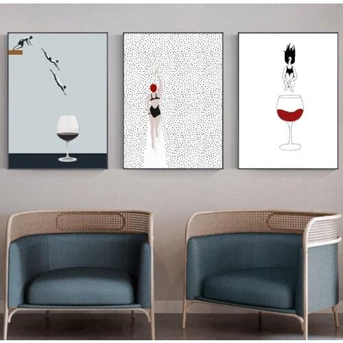 Abstract Nordic Swimming Wine Glass Decorative Painting Modern Wall Art Mural Canvas Posters Print Living Room Decoration