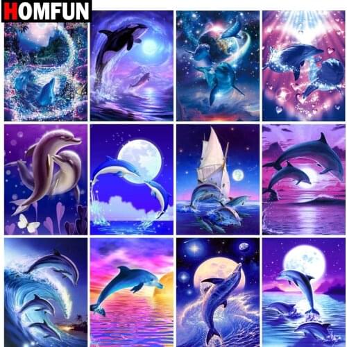 HOMFUN Full Square/Round Drill 5D DIY Diamond Painting "Dolphin moon night view" Embroidery Cross Stitch 5D Home Decor Gift