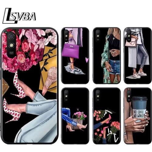High Heels Flower Girl for Xiaomi Redmi 10X Pro 9C 9A 9T 9 GO K40 K30 Ultra K20 8 7 S2 6 5 4X Pro Soft Black Phone Case