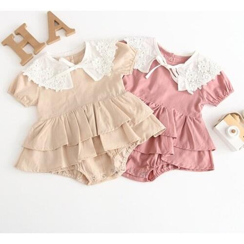 Clearance Pink 66cm Beige 80- Baby Girls Shortsleeve Romper With Skirts Child Summer Lace Flower Shoulder Cotton Newborn Outfits