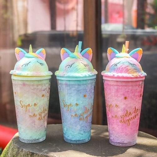 Double Layers Unicorn Plastic Ice Cup With Straw Korean Style Cute Summer Cool Broken Water Bottle For Milk Coffee Tea Cup