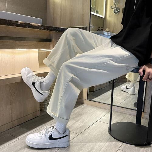 Jeans Mens Nine Point Pants Solid Color Casual Summer Straight Wide-leg Go With Loose Youth Streetwear Hip Hop The New Listing