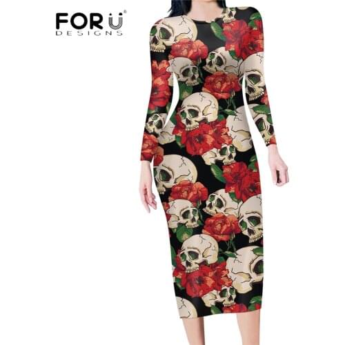 FORUDESIGNS Women Spring Autumn Vintage Bodycon O-neck Dress Sugar Skull With Rose Flower 3D Print Sexy Gothic Style Party Cloth
