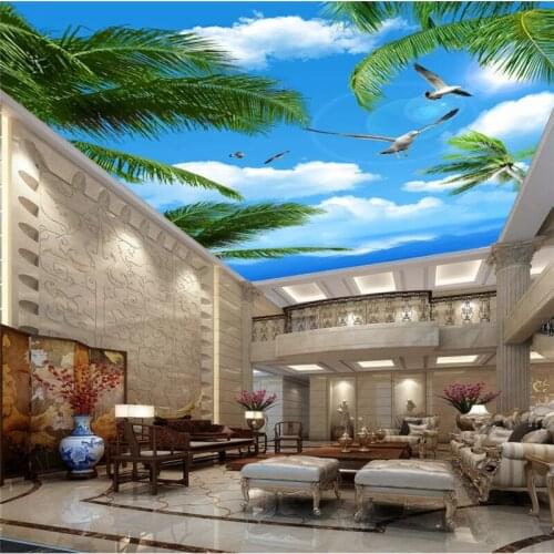 Beibehang Custom ceiling wallpaper mural blue sky sea coconut tree seabird ceiling zenith living room hotel mural 3d wallpaper
