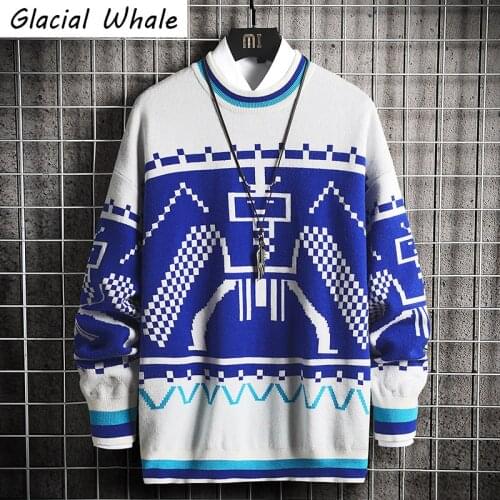 GlacialWhale Mens Knitted Sweater Men 2020 Winter Vintage Patchwork Sweaters Pullover Jumper Harajuku Korean Blue Sweater Men