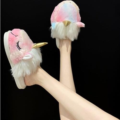 Cotton fluffy slippers female winter indoor plush home antiskid Christmas unicorn moonshoe cartoon warm wool women slippers