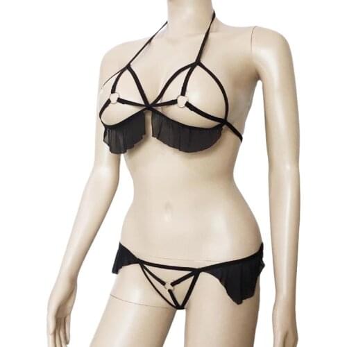 Sexy Lingerie Set Strappy Bra Top and Thong with Metal Rings and Lace Trim Open Breast Crotchless Fantasy Bikini Underwear