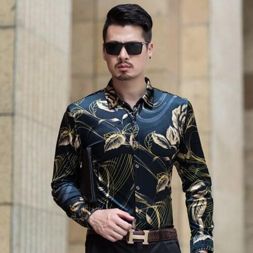 European style creative 3d printing fashion casual long sleeve shirt Autumn 2018 quality gold velvet soft luxury shirt men M-3XL