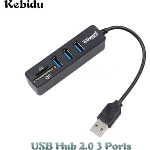 Kebidu USB 2.0 Adapter 3 Ports Card Reader Combo Mini HUB USB Splitter 480Mbps For SD/TF Portable For PC Laptop Accessories