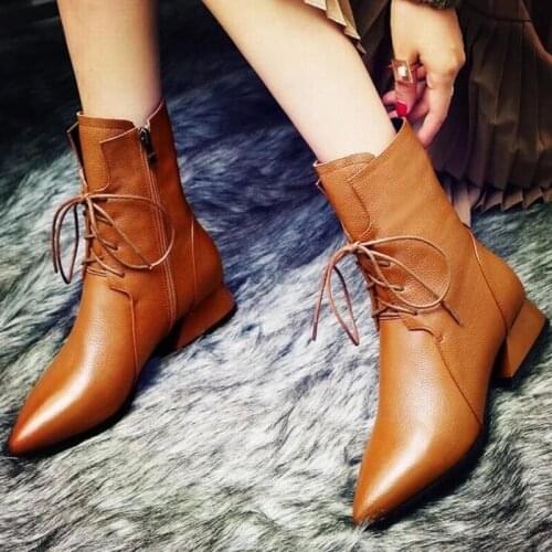 Black brown Zapatos Mujer Fashion Women Boots Casual Leather Low High Heels Spring Shoes Woman Pointed Toe Rubber Ankle Boots