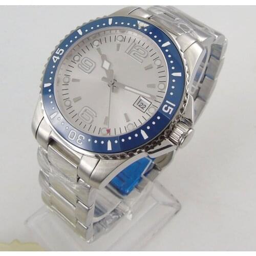 40mm Sterile Silver Dial Sapphire Glass Date MIYOTA 8215 Luminous Blue Ceramic Bezel Automatic Mechanical Mens Watch