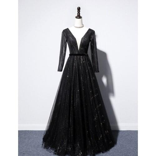 2021 New Arrival Black Long Sleeves Evening Dress Sheer tulle neckline Formal Gowns