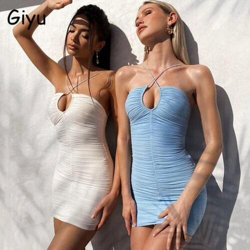 Giyu Sexy Club Party Woman Dress Bodycon Backless Lace Up Ruched Mini Dress 2021 Summer Casual Hollow Out Off Shoulder Vestidos