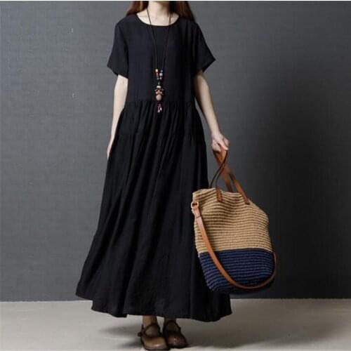 Casual Solid Pleated Short Sleeves Dress Cotton Linen Loose Pure O-neck Long Dress Large Size XXL Vintage Woman Long Dress Black