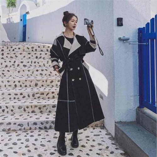 Stitching windbreaker womens trench coat mid-length clothes casual spring autumn new korean loose jacket black пальто женское