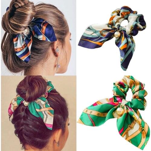 Fashion Hair Scrunchies Chiffon Silk Bowknot Women Pearl Ponytail Holder Tie Hair Elastic Rubber Bands Hair Accessories Headwear