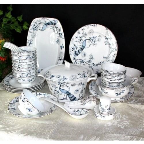 Wedding blue and white porcelain bowls antique tableware set gifts household bowls and plates Jingdezhen bone china tableware