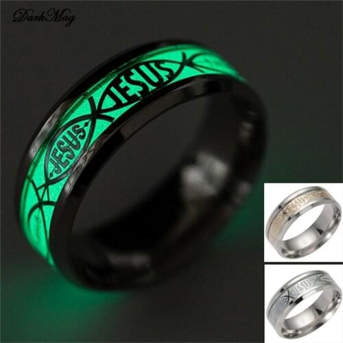 DarkMag Fashion Luminous Plated Ring Dark Golden Jesus Inlay Green Background Fashion Men Fluorescent Glowing Rings