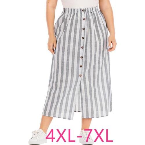 New 2021 spring summer plus size long skirt for women large casual loose button gray white stripe skirts 4XL 5XL 6XL 7XL