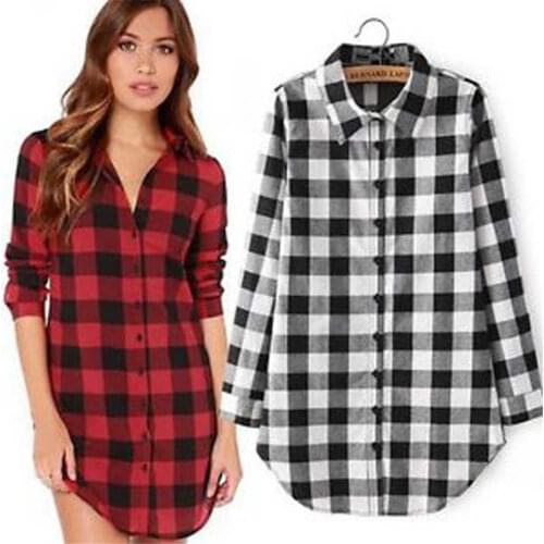 Gogoboi Women Long Sleeve Plaid Blouse Single Breasted Cotton Shirt girl women