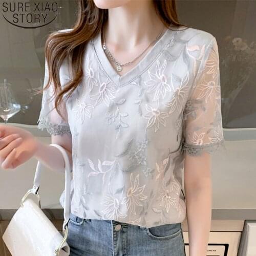 Women Summer Tops V-neck Short Sleeve Lace Shirt Office Lady Elegant Floral Embroidery Blouse Mesh Hollow Clothes Blusas 14918