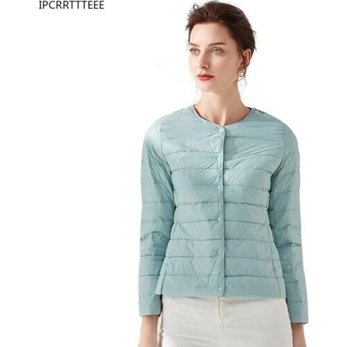 New Causal Women White Duck Down Jacket Ultra Light Jacket Autumn Winter Weightless Round Collar Single Breasted Down Jacket