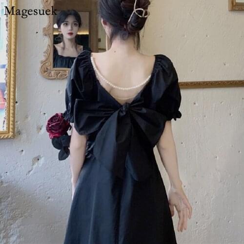 Summer New Retro Black Dress Woman Bow Slim Holiday Party Dresses Short Sleeve Beading Elegant Square Neck Long Dress Robe 15695