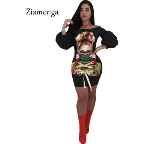 Ziamonga Top Quality High Design 2018 Bandage Dress Slash Neck Character Print Bodycon Dresses Women Mini Short Casual Dress