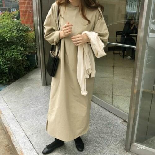 Korea Women Autumn Brief Pullover Oversized Long Dress Sashes Loose Solid Color Full Sleeve Midi Dresses