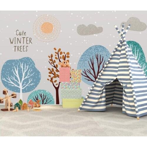 Large and simple hand-painted cartoon color forest tree background wall decoration painting 3D mural wallpaper