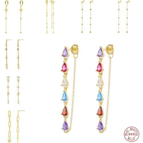 CANNER Pendientes Plata 925 Colorful Crystal Long Tassel Earrings 925 Sterling Silver Stud Earring For Women CZ Wedding Jewerly
