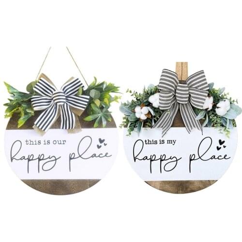 Door Sign Bow Decoration Round Wooden Hanging Wreaths Creative Letter 30cm Front Porch Decor Farmhouse Party Welcome Card Home