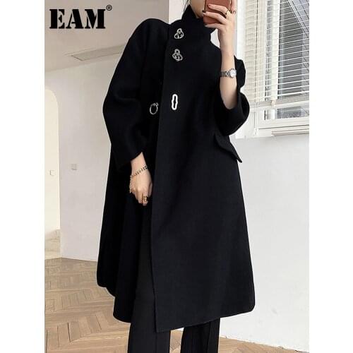 [EAM] Loose Fit Black button Thick Woolen Coat Parkas New Suit Collar Long Sleeve Women Fashion Tide Autumn Winter 2021 1DD3048