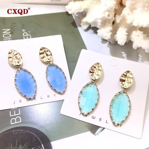CXQD Classic Oval Glass Dangle Drop Crystal Earrings for Women Fashion Ancient Gold Color Long Leaves Shape Jewelry Gift