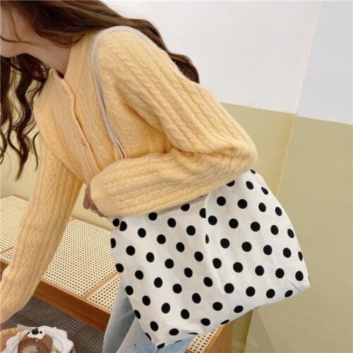 Korea Canvas Zipper Shopping Wave Dot Bag 2021 Large Capacity Conventional Tote Bag Fashion Womens Shoulder Bag Simple Bags